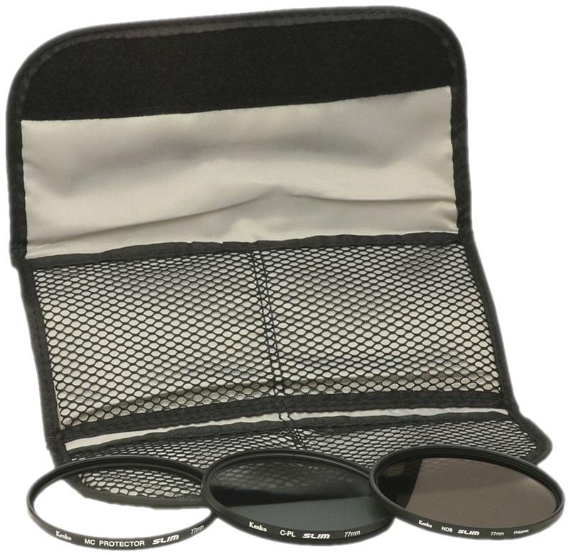 Zwarte camerafilter case met filters. Filters zijn zwart, case is zwart met mesh en wit van binnen.