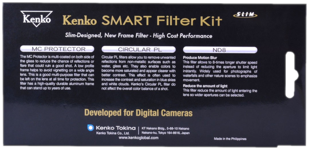 Achterkant van een Kenko Smart Filter Kit-doos met productinformatie en logo's.