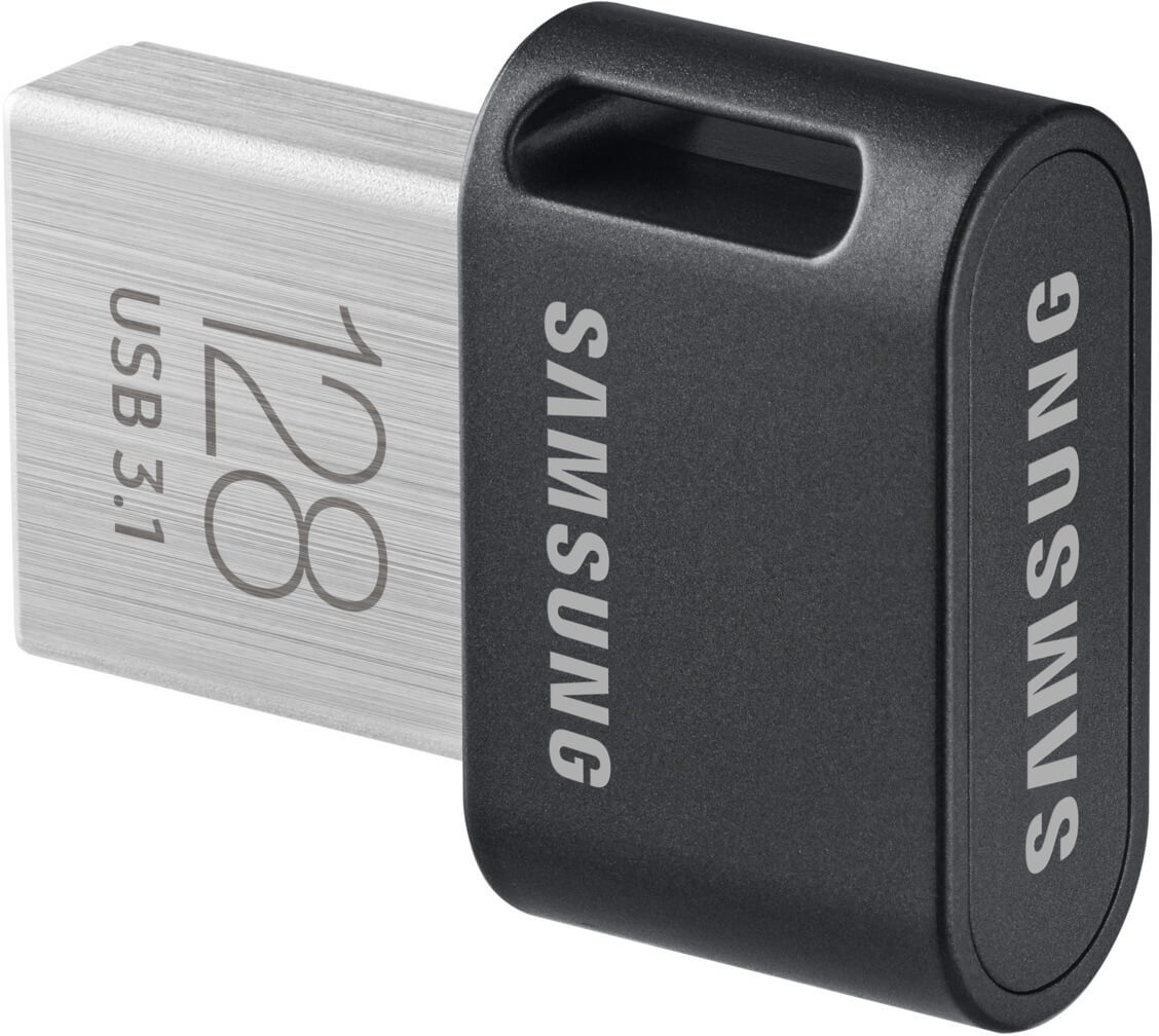 Clé USB noire et argentée. Elle porte le logo Samsung et une capacité de 128 Go.