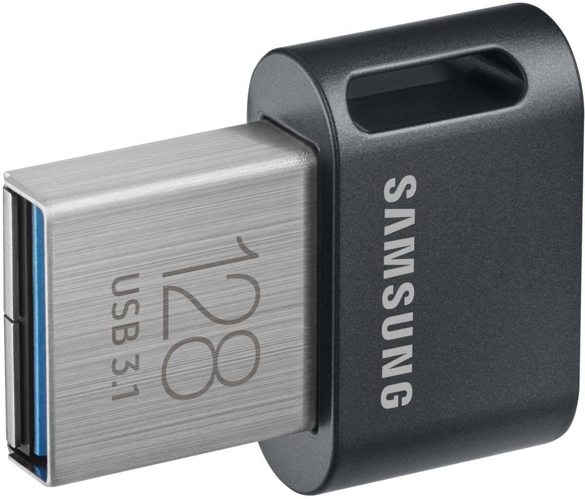 Clé USB argent et noir avec le chiffre 128. La marque Samsung est visible.