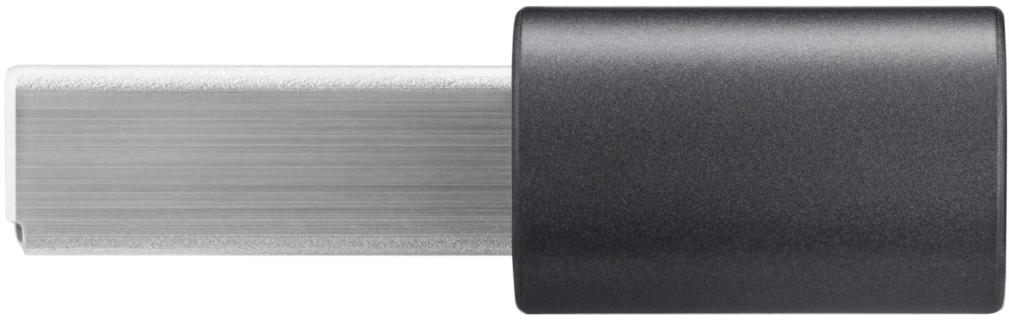 Stylo en métal argenté et plastique noir de forme rectangulaire.