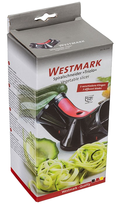 Westmark zöldségszeletelő, spirálvágó és három pengés doboz. Fekete és piros. Szeletelt cukkini látható.