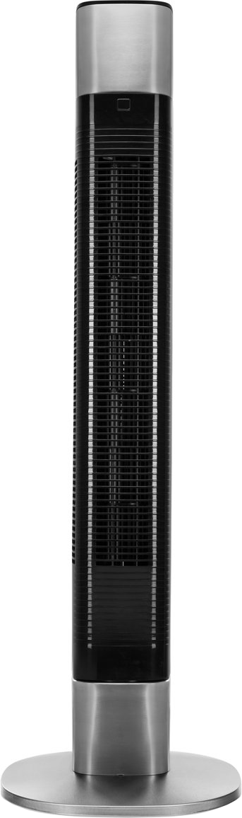Hoge zwarte en zilveren torenventilator, met een ronde voet en bedieningspaneel.