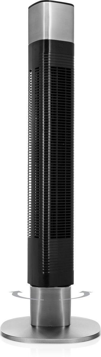 Hoge zwarte torenventilator met zilveren voet en draaiende pijlen.