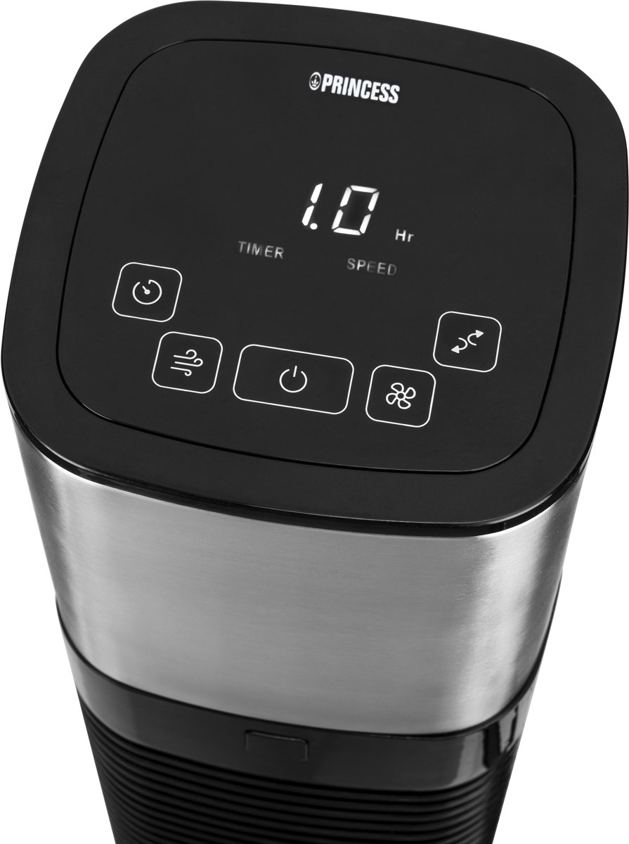 Bovenaanzicht van een zwarte en zilveren Princess torenventilator met digitaal display.