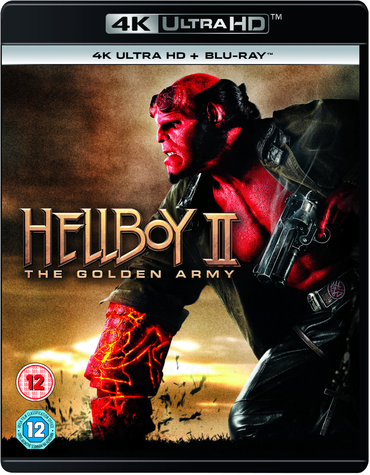 Couverture du film Hellboy 2. Hellboy rouge avec une arme à feu et un fond noir.