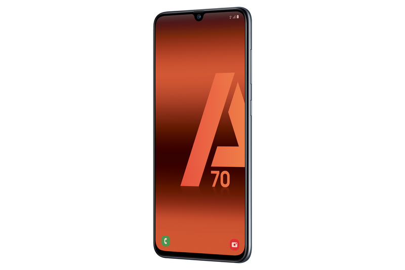 Teléfono Samsung A70, pantalla degradada naranja con la letra A, sobre fondo blanco.