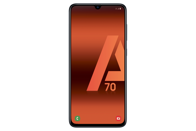 Smartphone negro con fondo degradado naranja en la pantalla. Se ve 'A70'.