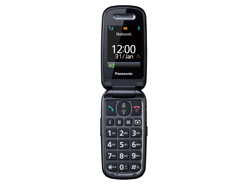 Móvil - Panasonic KX-TU466, 2.4", 2 MP, 2G, Resistente a Golpe, Botón SOS, Negro + Base de Carga