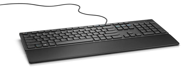 Schwarze Tastatur mit Handballenauflage auf weißer Oberfläche, mit Kabelanschluss.
