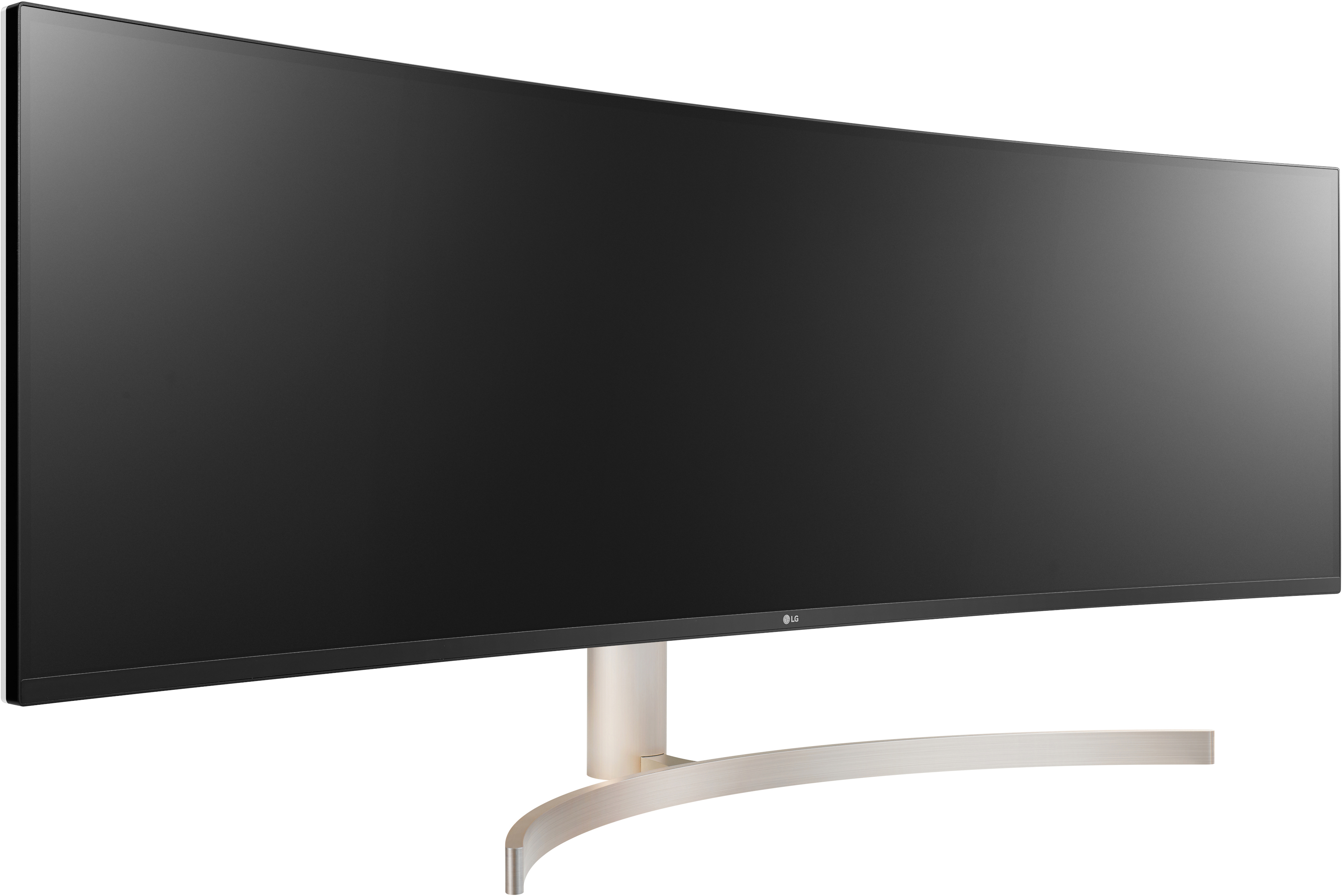 Gebogener LG-Monitor mit silbernem Ständer. Der Bildschirm ist schwarz. Der Hintergrund ist weiß.