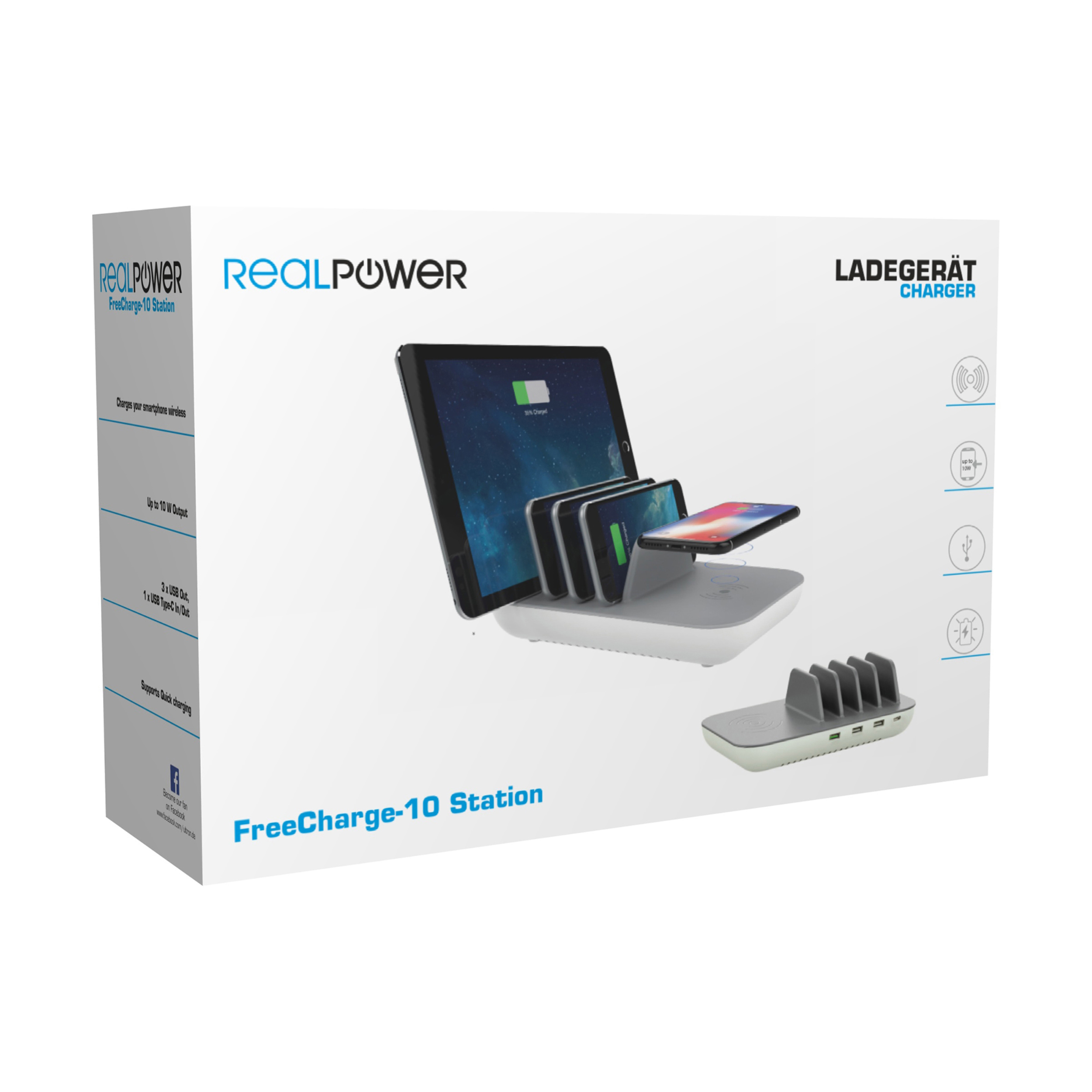 REALPOWER FreeCharge-10 Station  Induktive Ladestation Universal, Grau/Weiß