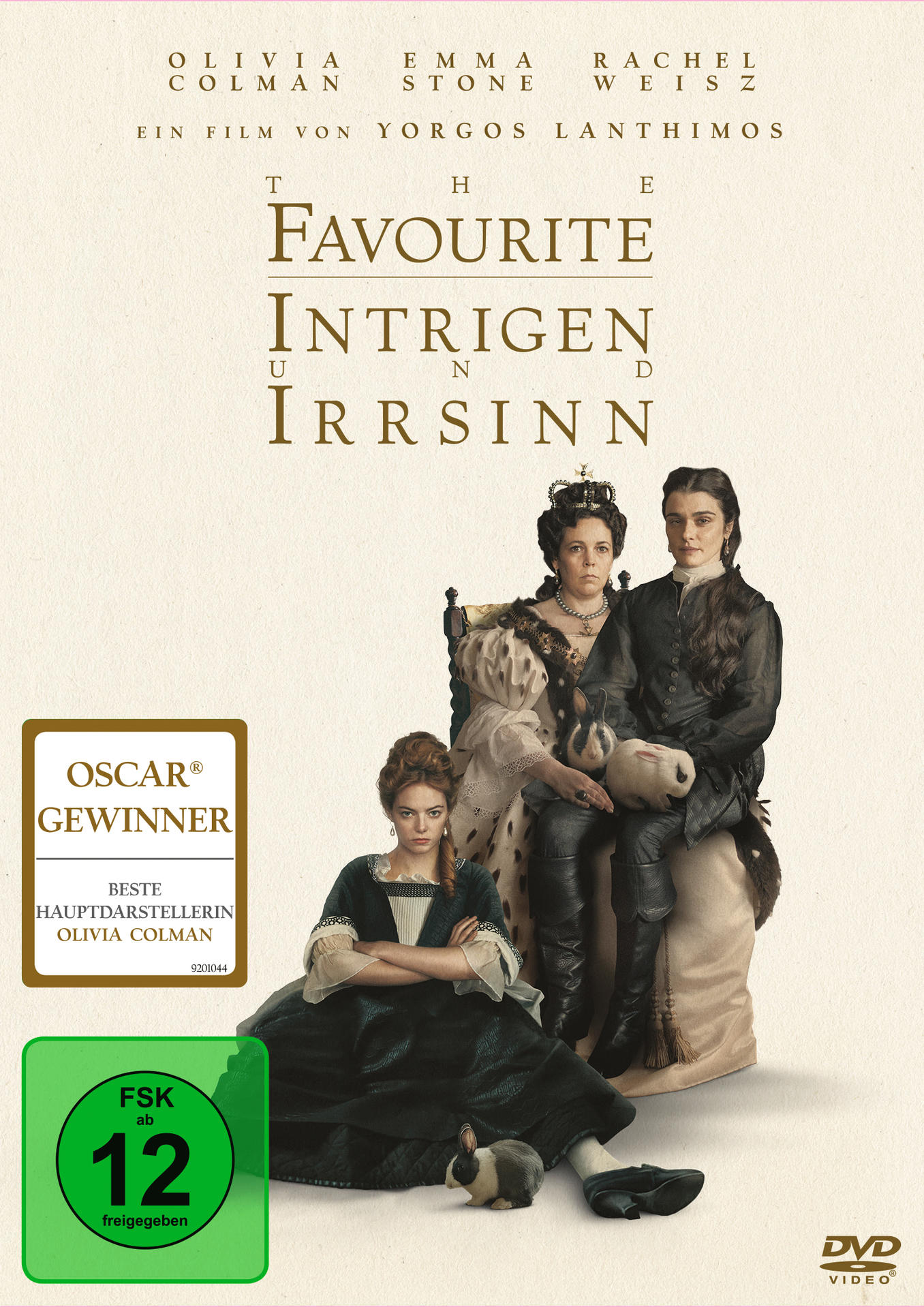 DVD-Cover: The Favourite mit den Schauspielern Olivia Colman, Emma Stone, Rachel Weisz.