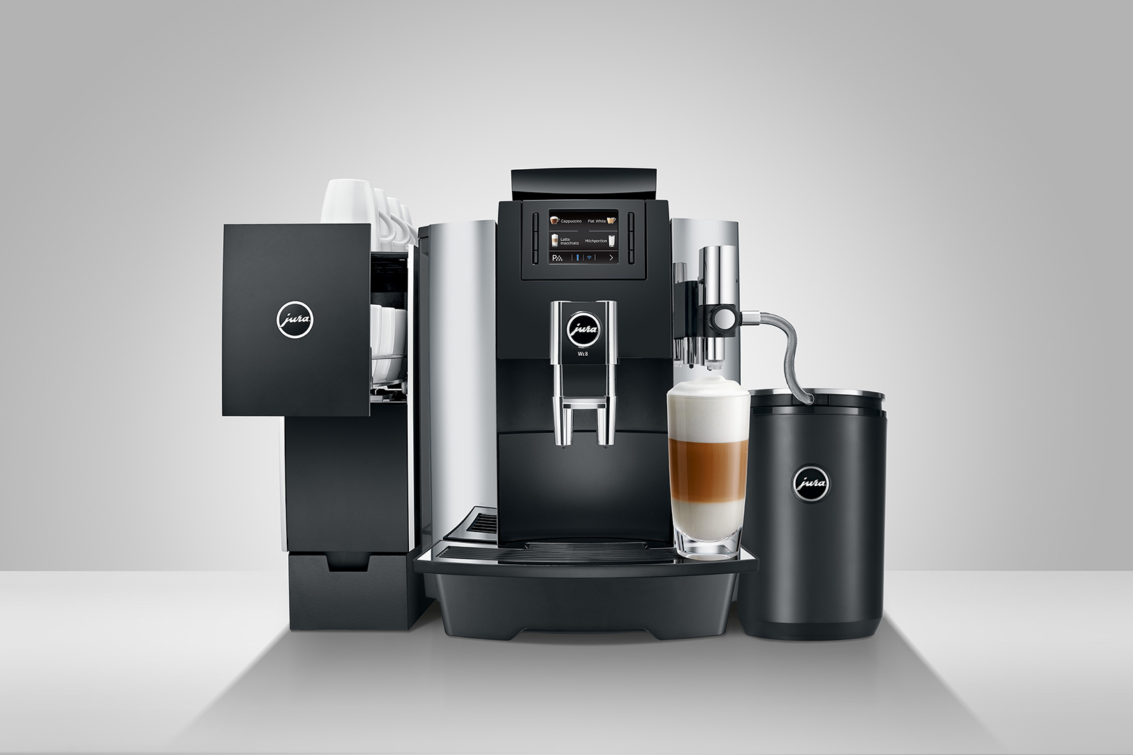 JURA Kaffeemaschine WE 8 Chrom  Kaffeemaschine (Schwarz, Mehrstufiges AromaG3-Mahlwerk, 15 bar)