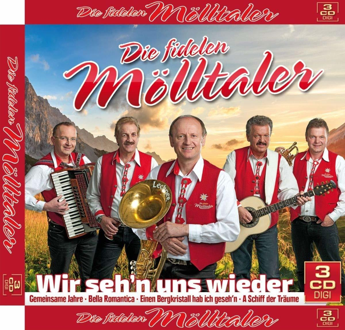 CD-Cover mit einer Band in traditioneller österreichischer Kleidung vor Bergkulisse.