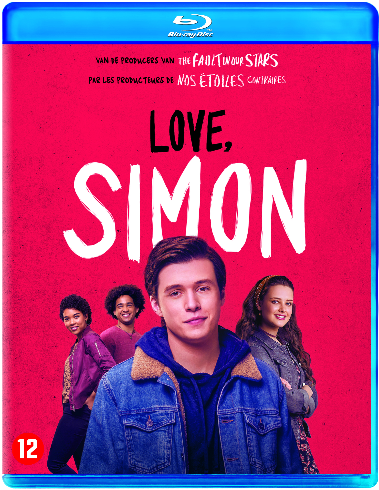 Blu-ray disc cover voor de film Love, Simon, met verschillende acteurs die lachen op de voorgrond.