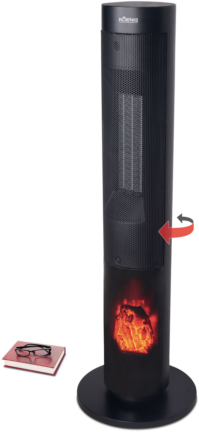 Stufa a torre nera con effetto fiamma e libro con occhiali.