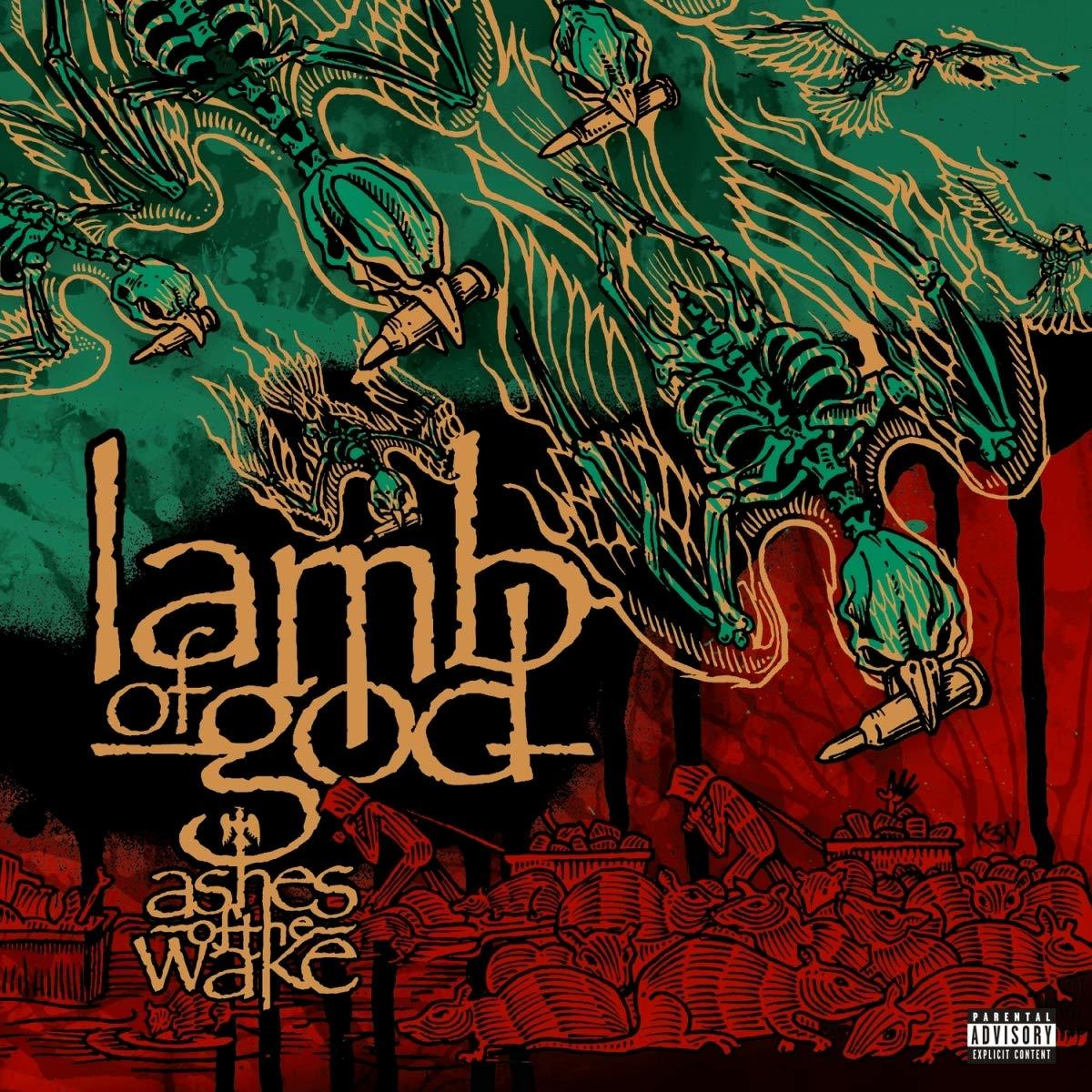 Albumcover mit den Worten 'Lamb of God' und 'Ashes of the Wake' auf rotem und grünem Hintergrund.