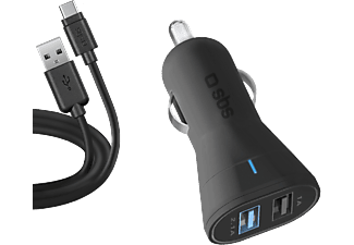 SBS MOBILE Billaddare med 2 USB-portar och USB-C-kabel - Svart