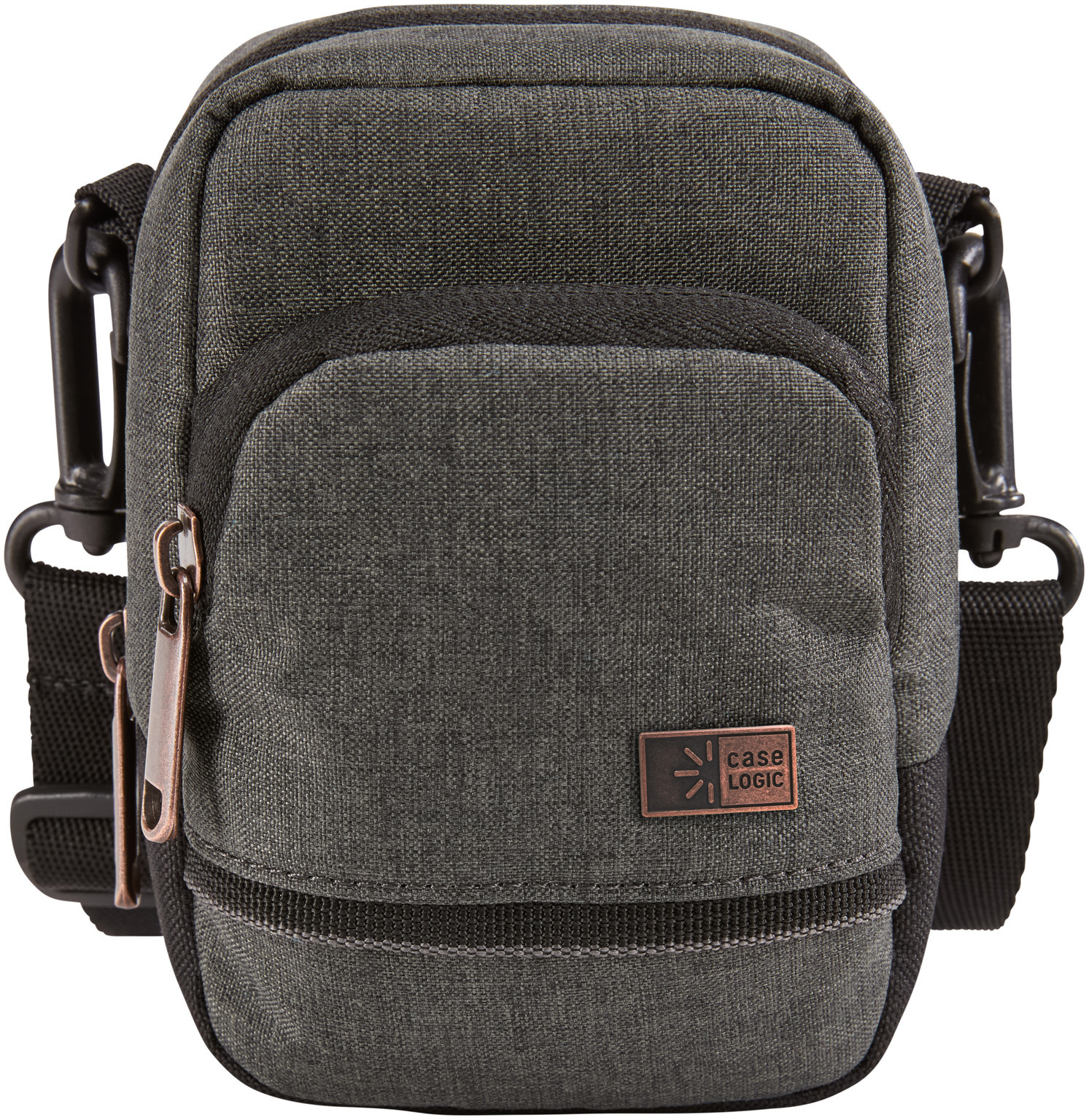 Dark gray Case Logic bag with a zipper, a small front pocket, and a shoulder strap.