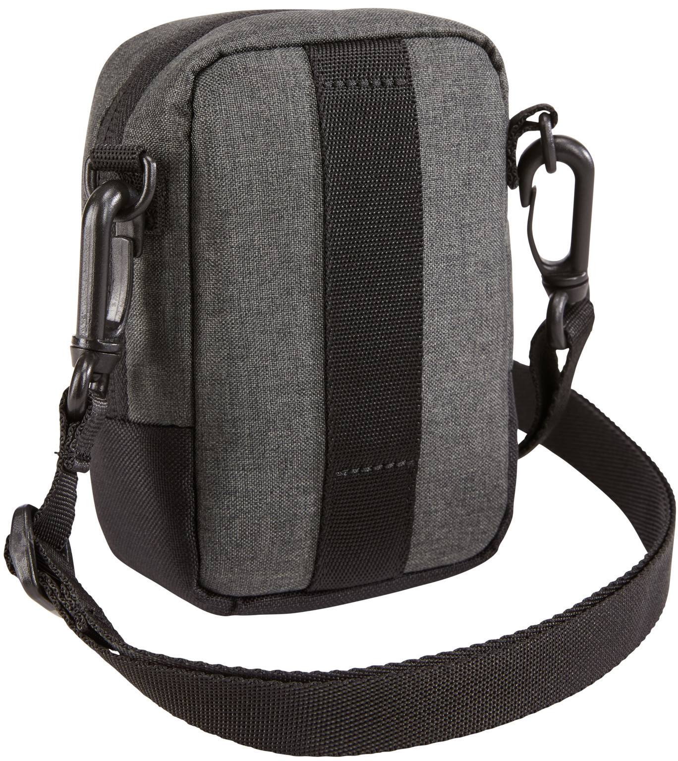 Gray and black camera bag with a shoulder strap and two black clips.