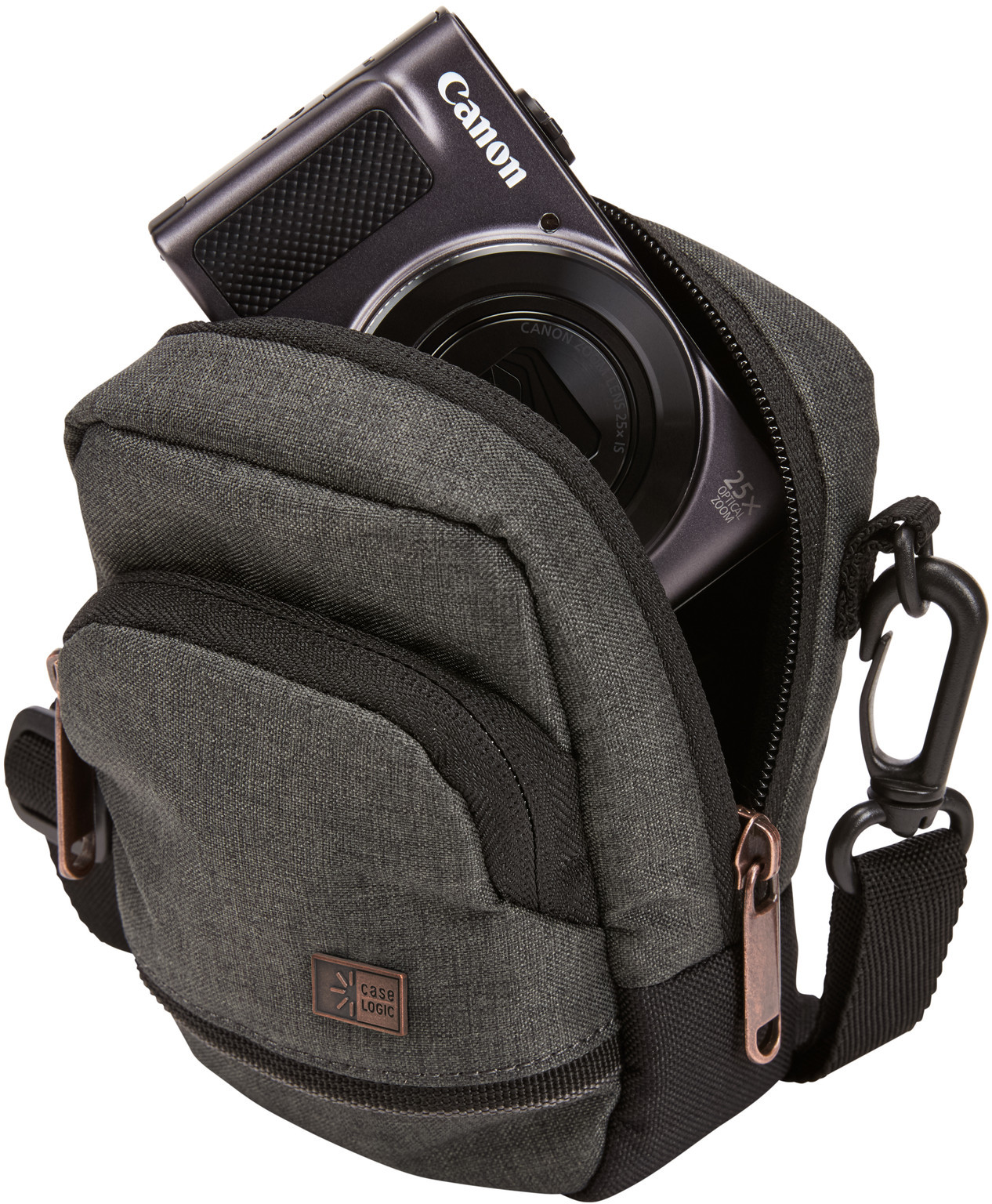 Gray camera bag with a black Canon camera inside. It has a shoulder strap.