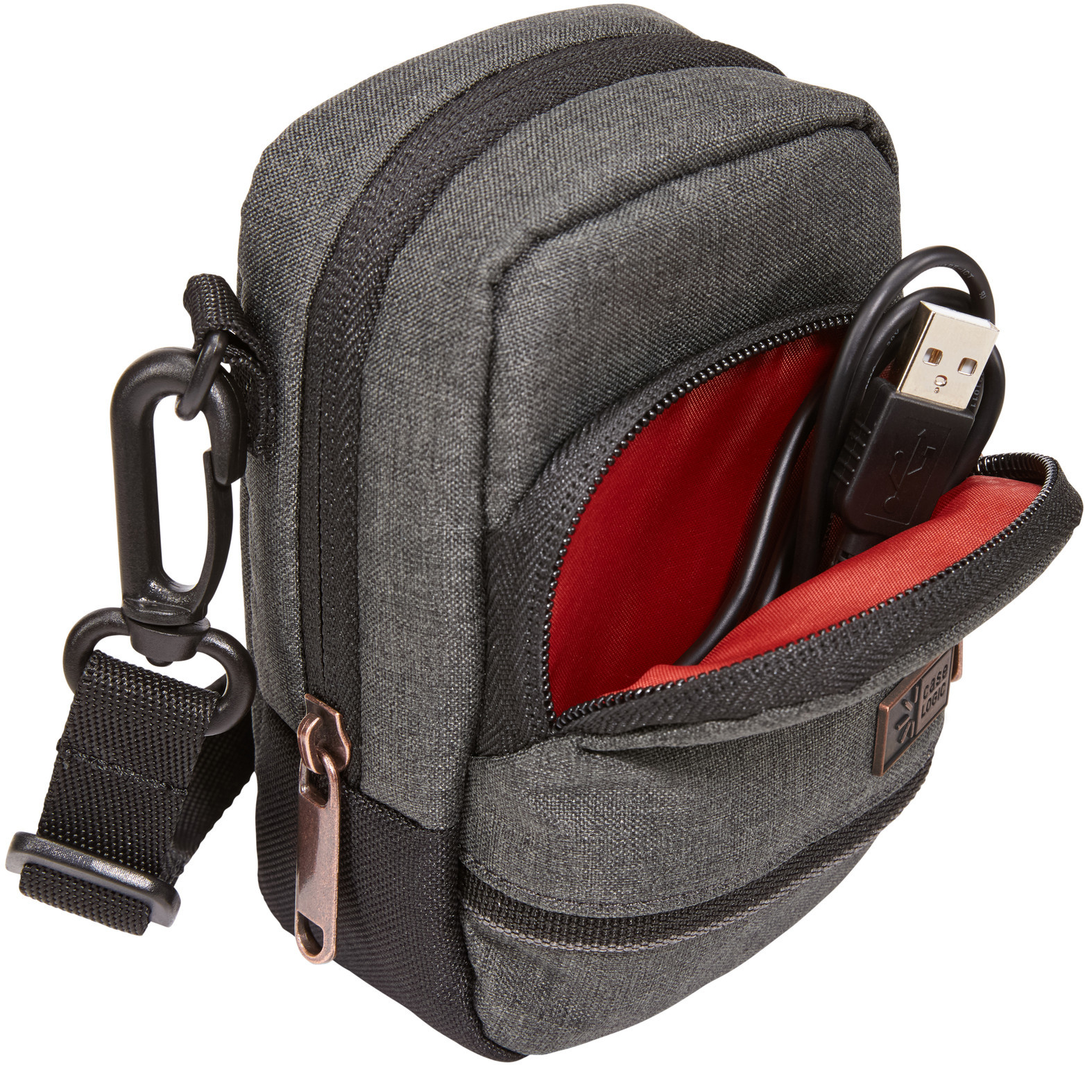 A gray bag, open showing a red interior and a USB cable. Black strap and clasp.
