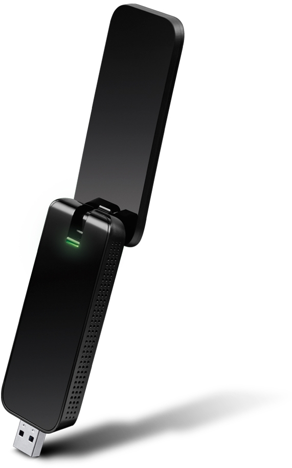 Adaptateur WiFi USB noir avec antenne. L'antenne est déployée et un voyant vert est allumé.
