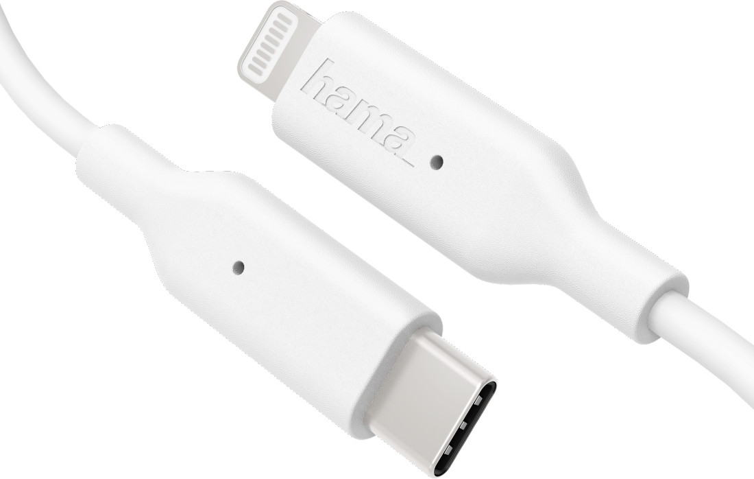 White charging cable with a USB-C connector and a Lightning connector. Hama branding on the cable.