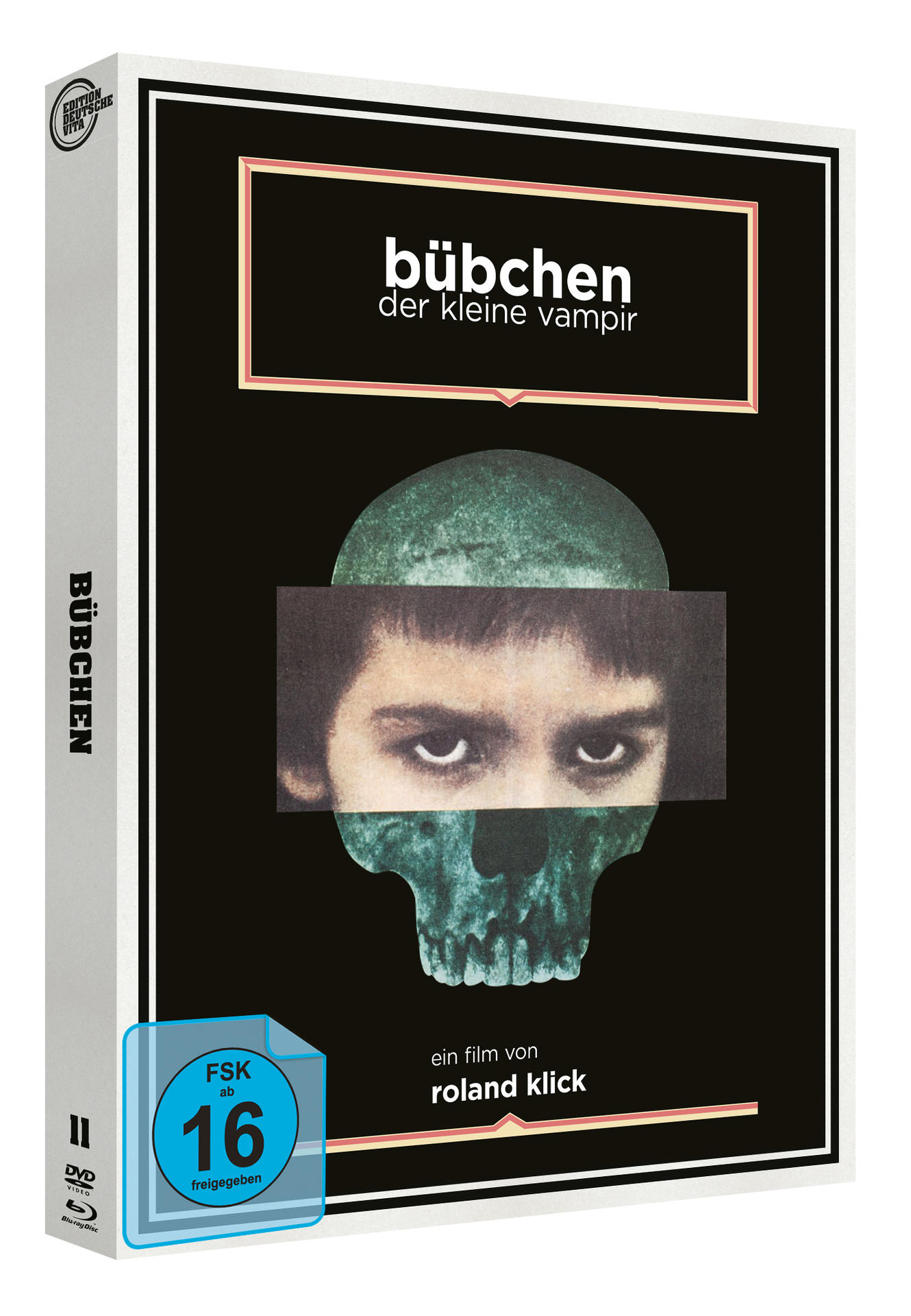 DVD-Cover für Bübchen der kleine Vampir. Ein grüner Schädel und die Augen eines Jungen. Schwarz.