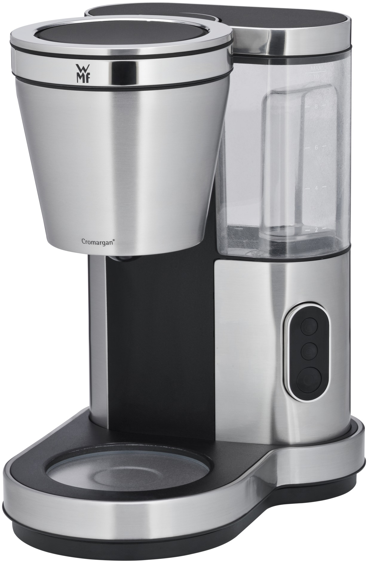 Zilver-zwart koffiezetapparaat met een watertank.