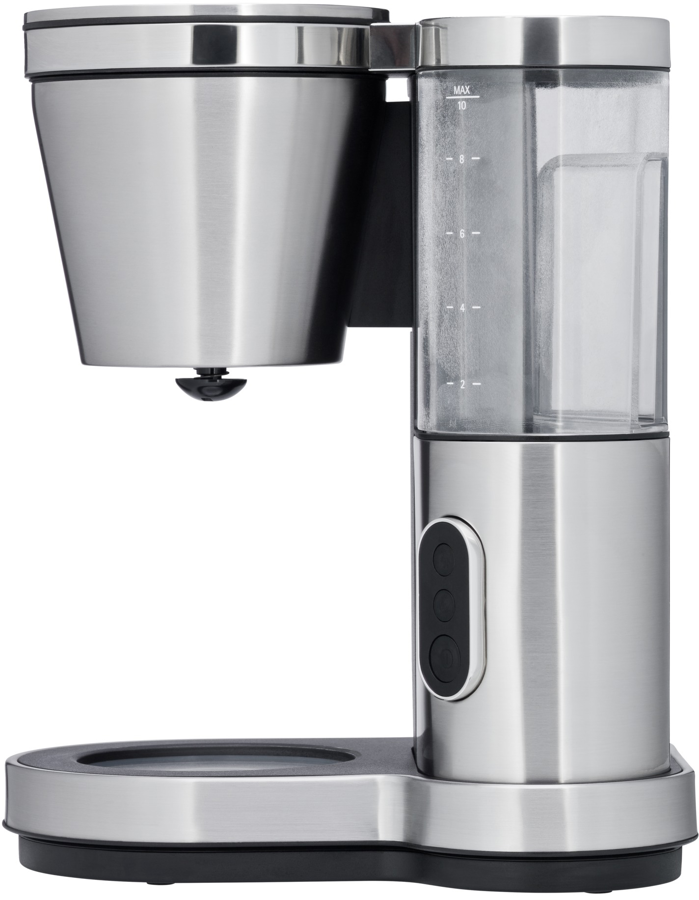 Roestvrijstalen koffiezetapparaat met waterniveau-indicator. Het heeft een zwarte basis en knoppen. Witte achtergrond.
