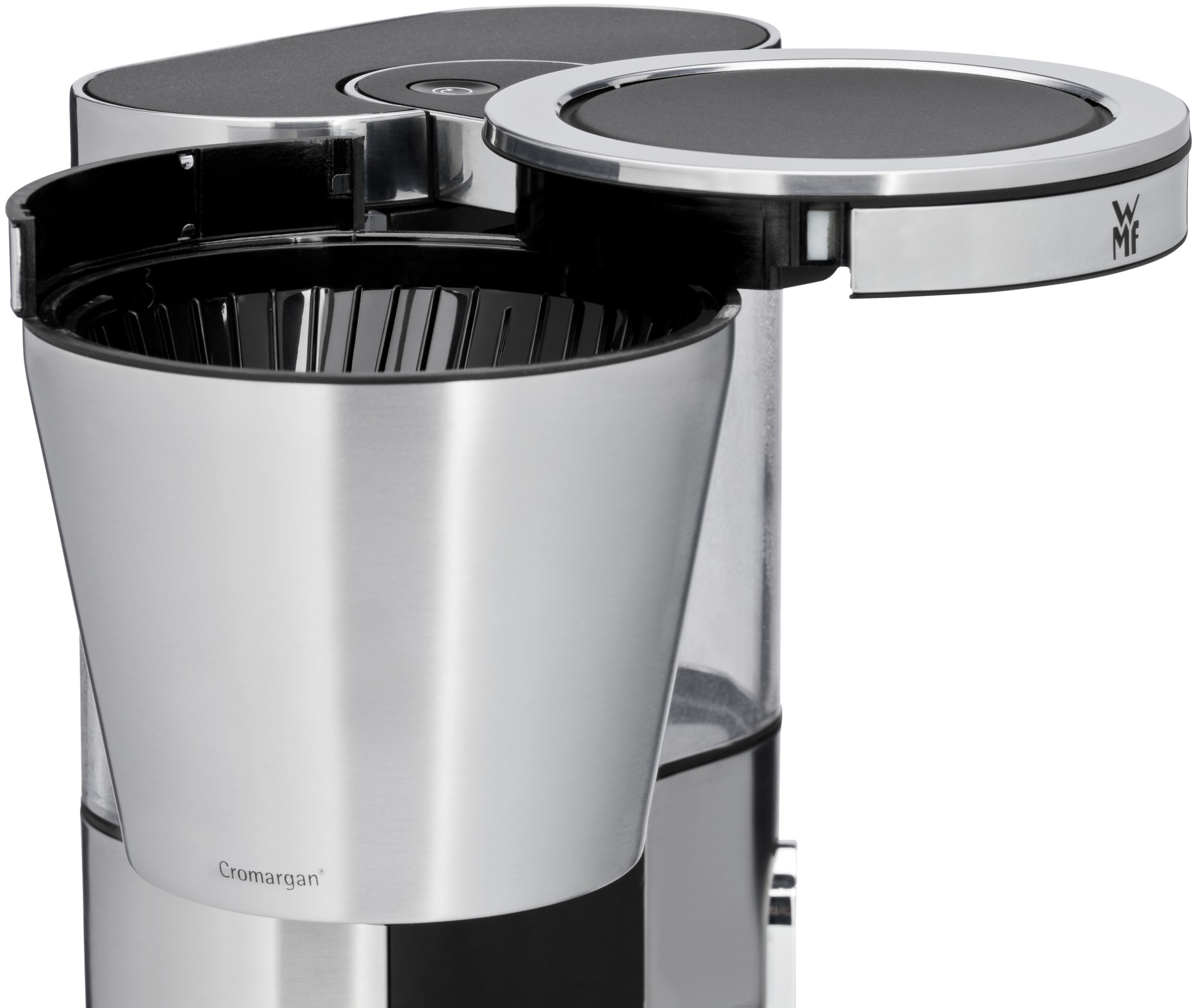 Koffiezetapparaat met een zilveren behuizing, open deksel en zwarte accenten.