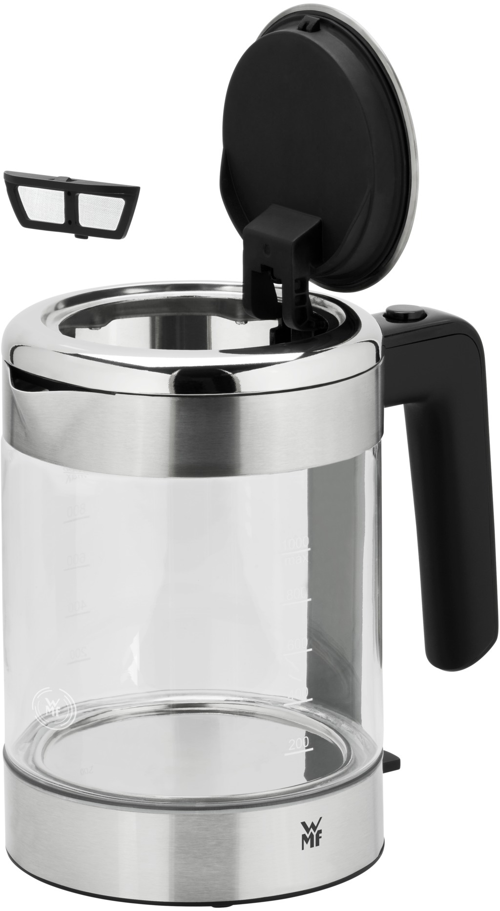 Een transparante elektrische waterkoker met een zwarte handgreep, open deksel en een filter.