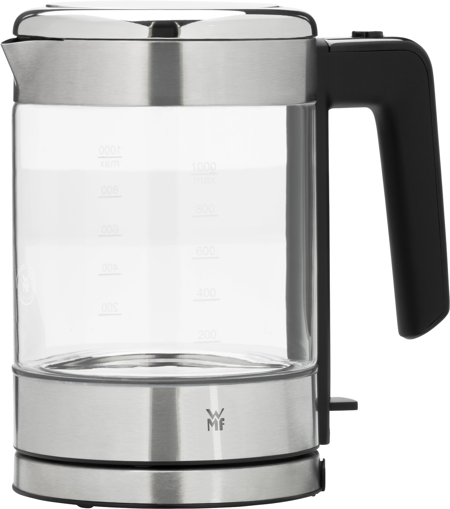 Glazen elektrische waterkoker met een zwart handvat en basis. Toont waterniveau markeringen.