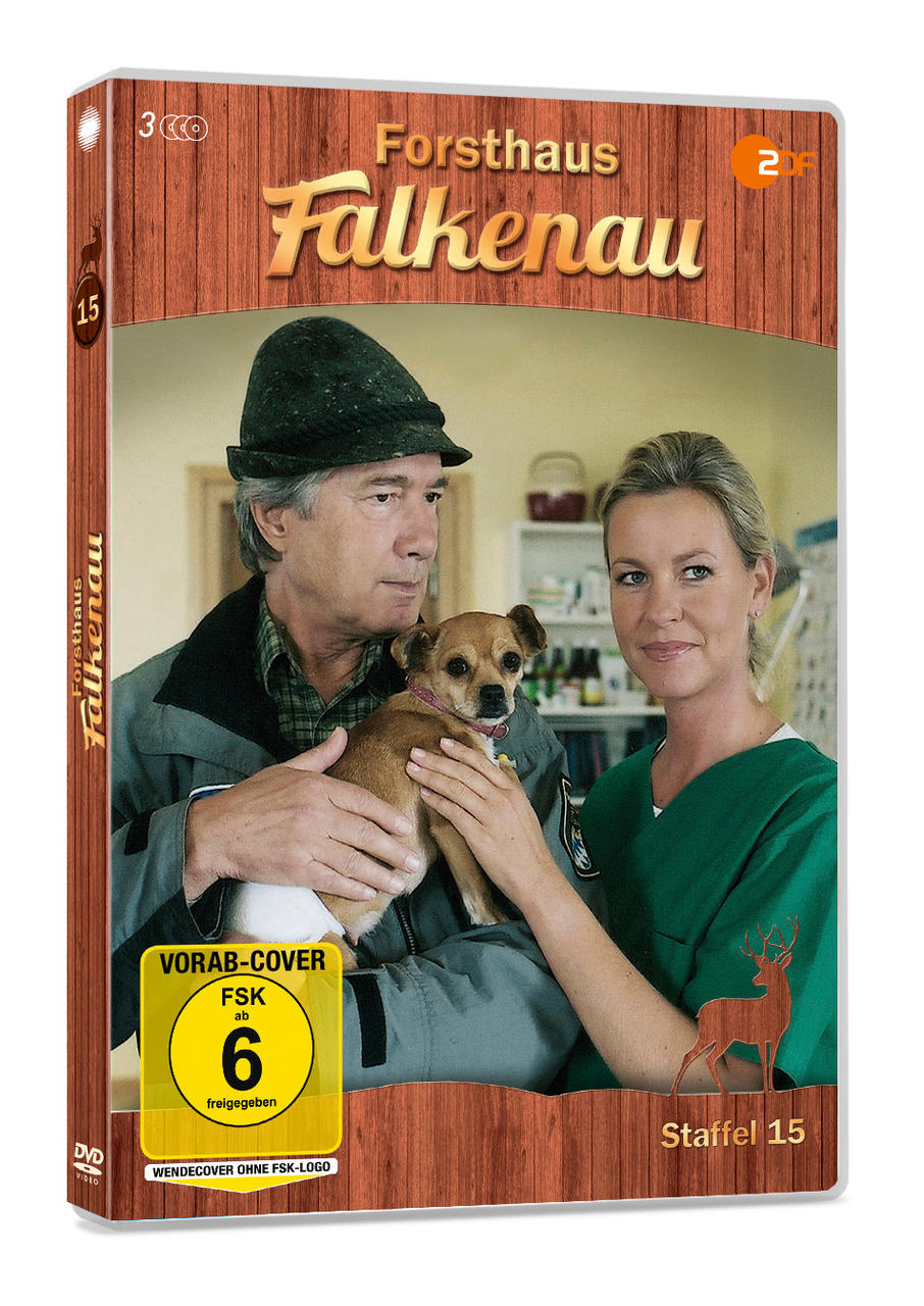 DVD-Cover mit Personen und einem Hund, Titel 'Forsthaus Falkenau'.