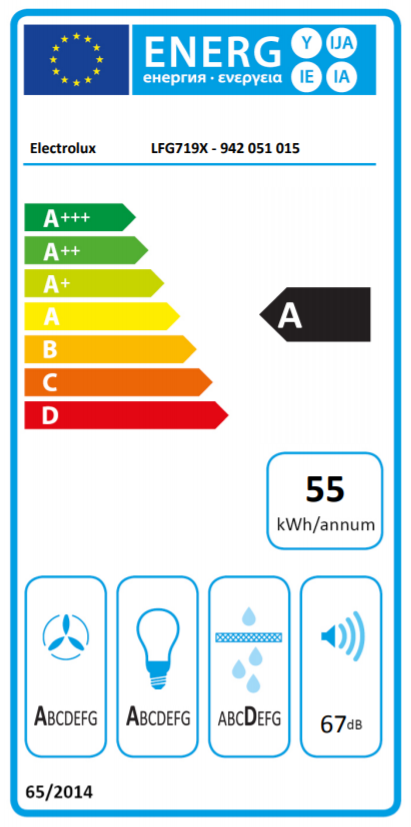 Energiahatékonysági címke. A energiahatékonyságot és egyéb részleteket mutat. Electrolux márka.