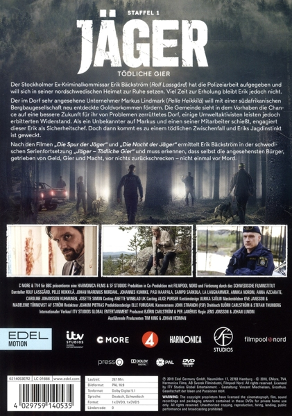 Rückseite einer DVD-Hülle für die TV-Serie Jäger. Es zeigt das Cover-Art und Text.
