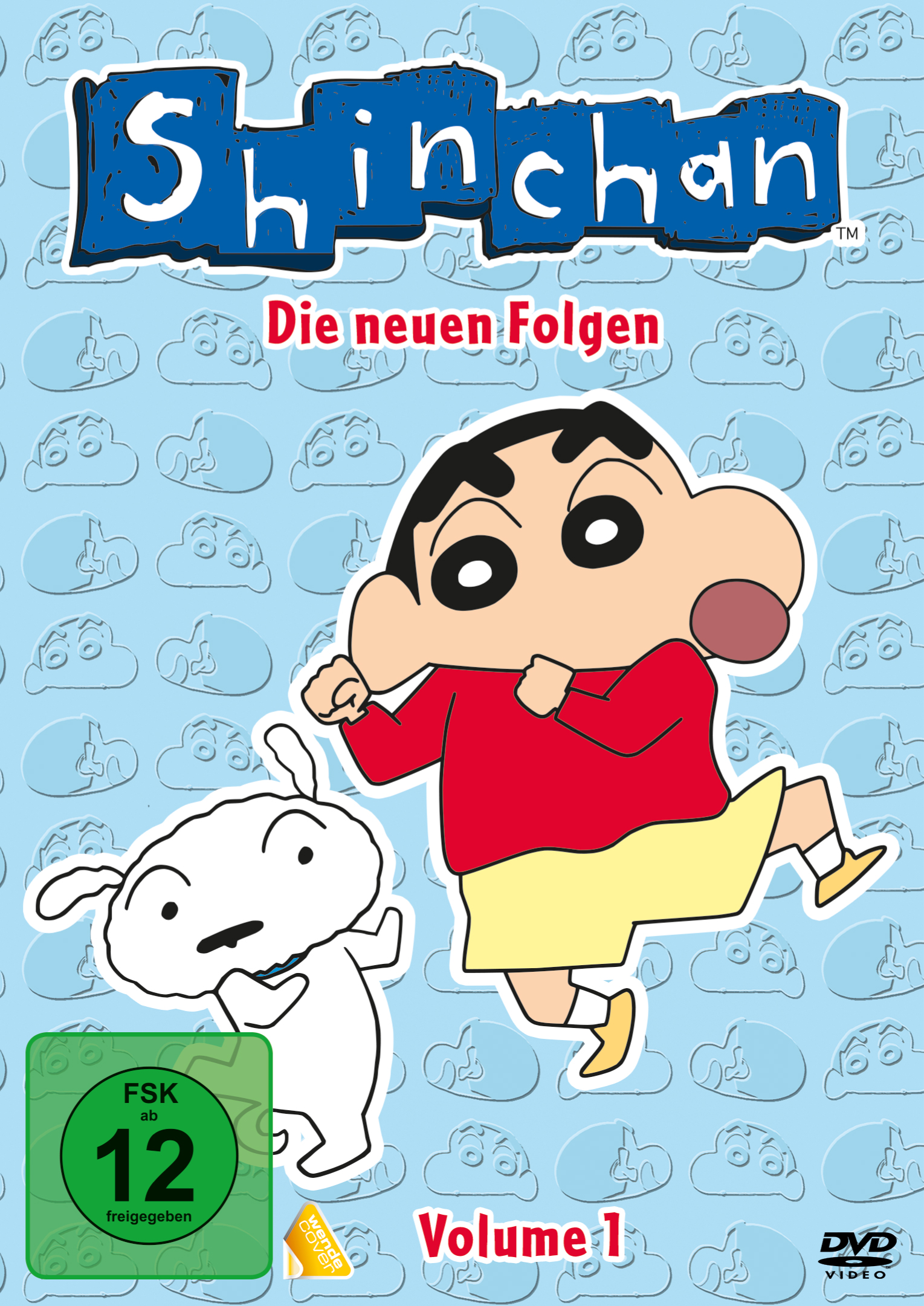 DVD-Cover des Shin-chan-Cartoons mit Figuren und blauem Hintergrund.