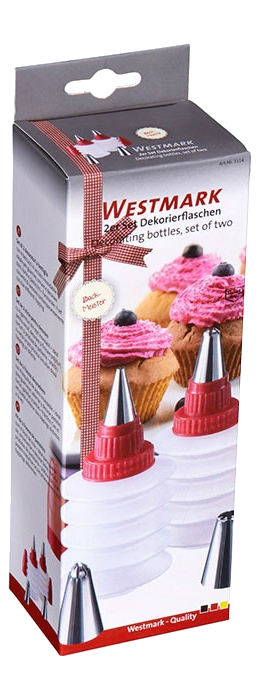 Westmark dekorációs üvegek doboza. Két piros kupakos üveget tartalmaz, fúvókákkal. A dobozon cupcake-ek láthatók.