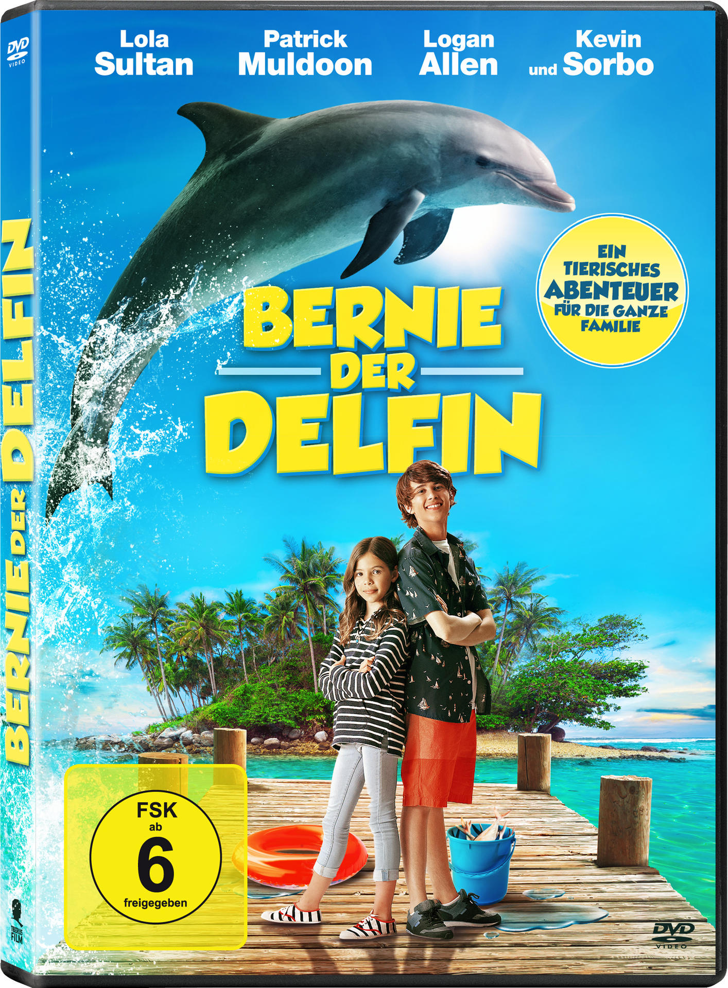 DVD-Cover für den Film 'Bernie der Delfin'. Zeigt Delfin, zwei Personen und tropische Strandszene.