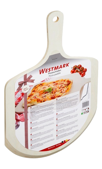 Fa pizzalapáttal, rajta pizzával és paradicsommal, Westmark címkével ellátott csomagolásban.