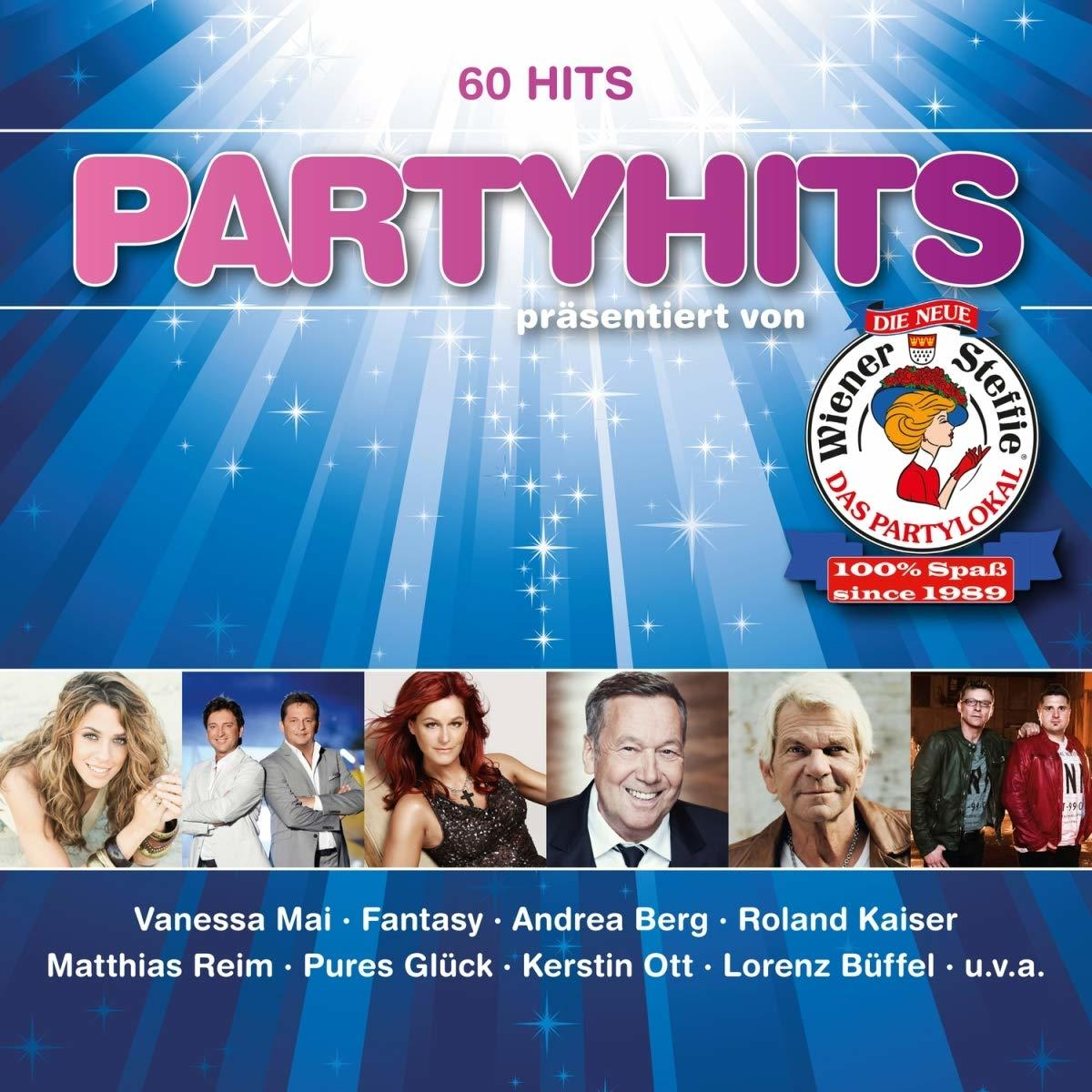Partyhits CD-Cover mit verschiedenen Künstlerbildern, blauem Hintergrund und Text.