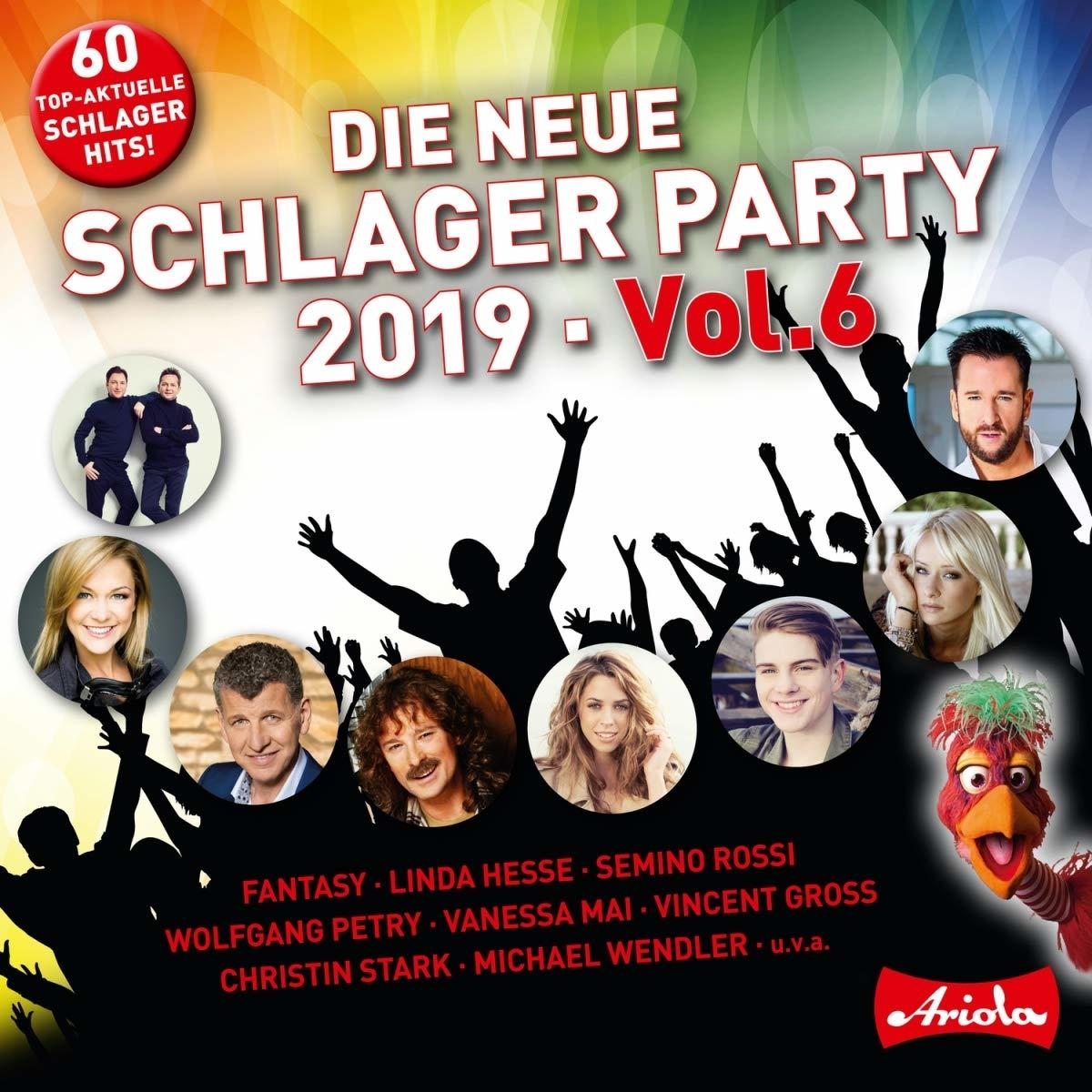 Albumcover mit verschiedenen Sängern und Text: Die Neue Schlager Party 2019 Vol. 6.