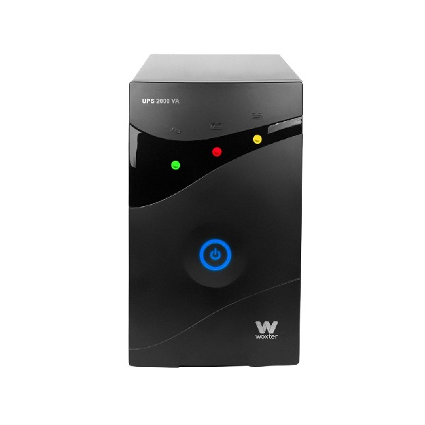 Dispositivo UPS negro con botón de encendido e indicadores luminosos.