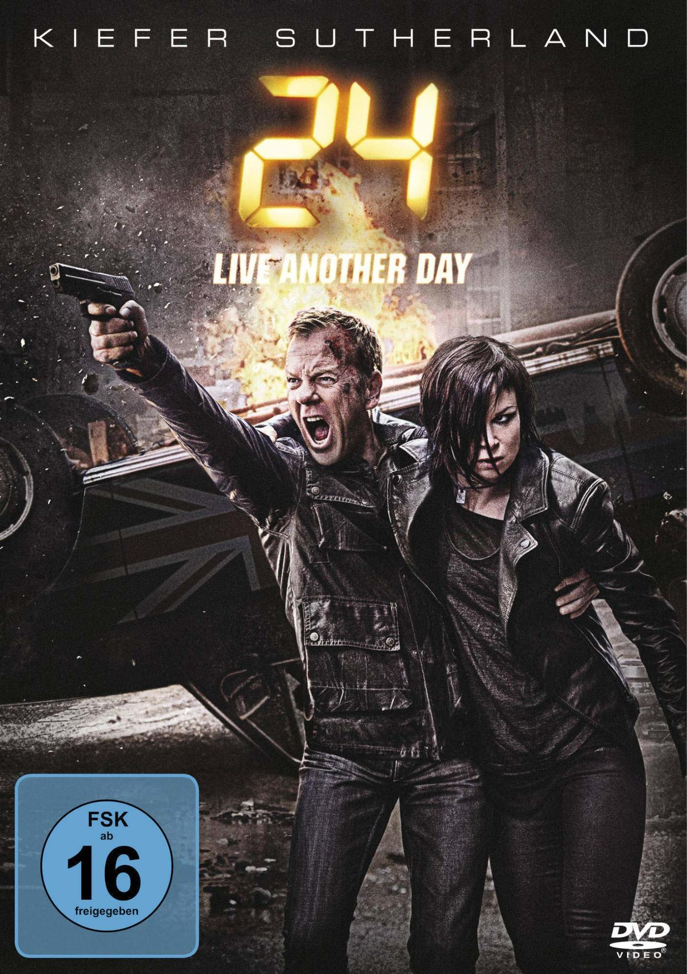 DVD-Cover von 24: Live Another Day, mit Kiefer Sutherland und brennendem Auto.
