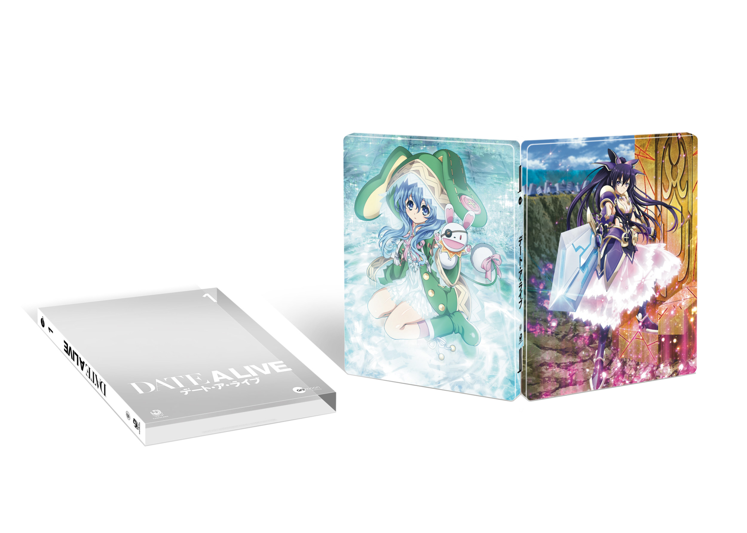 Anime Blu-ray-Set mit einem Buch, zwei Hüllen und bunten Anime-Charakteren auf weißem Hintergrund.