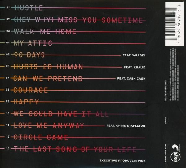 Pinkes Albumcover mit Titelliste. Das Album ist von P!nk. Weißer Text auf Farbverlauf.