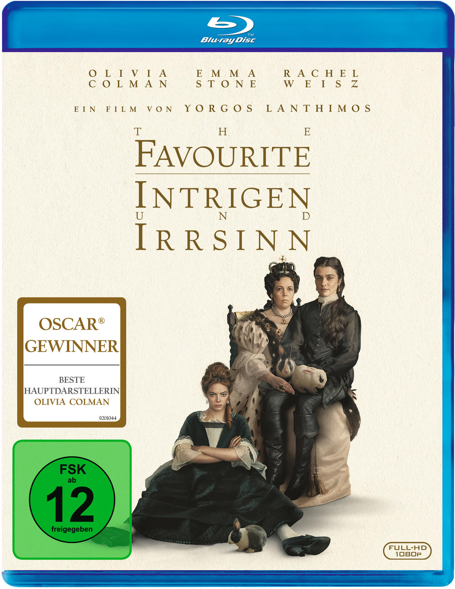 Blu-ray-Cover, Film 'The Favourite', Olivia Colman, Emma Stone, Rachel Weisz, mit Text und Auszeichnungen.