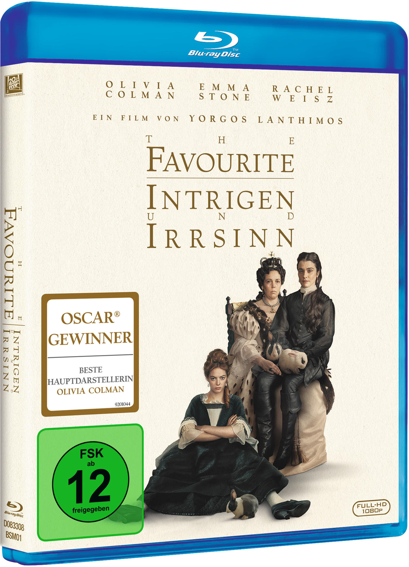 Die Blu-ray-Hülle des Films The Favourite mit Text und Schauspielern.